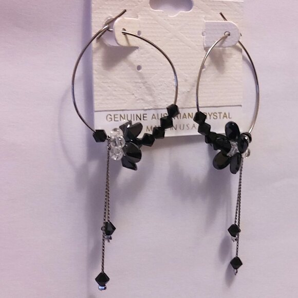 NEW Genuine Black Austrian Crystal Floral Hoop Earrings 30mm Women Jewelry - Picture 2 of 7
